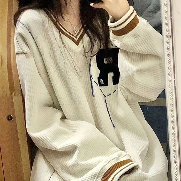 Áo Dệt Kim Tay Dài Cổ Chữ V Form Rộng Chất Liệu Nhung Thời Trang Thu Đông Phong Cách retro