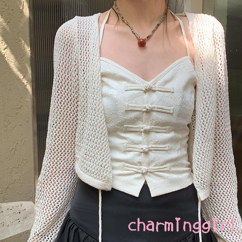 Áo hai dây Không Tay Màu Trắng Cài Nút Thời Trang Xuân Thu Cho Nữ