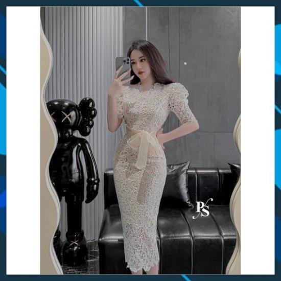 Đầm body ren tay lỡ bồng kèm đai eo