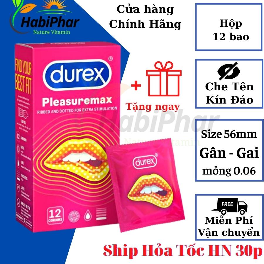 Bao Cao Su Gân Gai Durex Pleasuremax Hộp 12c, Bcs Kéo Dài Có Bi Nổi Li Ti Tăng Khoái Cảm Size 56mm - Habiphar
