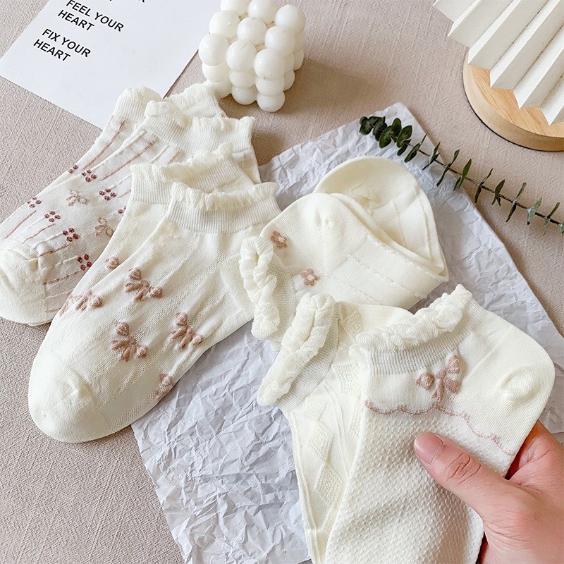 Sét 5 Tất Nữ Cổ Bèo Tone Trắng Họa Tiết Nơ Hồng Dễ Thương (5 đôi) Tn2