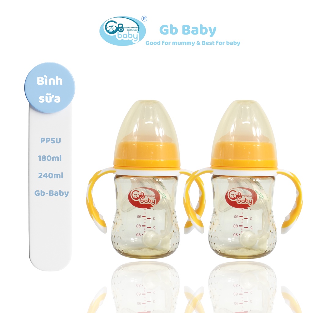 Bình sữa PPSU Gb-Baby Chính hãng tay cầm 240ml cổ rộng Tặng 1 núm và bộ quả lọc cho bé