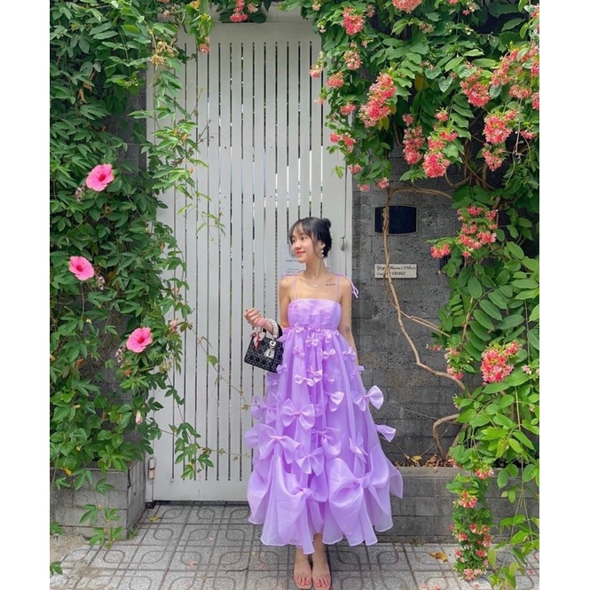 Đầm voan suông 2 dây đính nơ Hồng Tím Xanh Đầm váy đi chơi dạo phố du lịch hotgirl tk dễ thương cute sinh nhật party