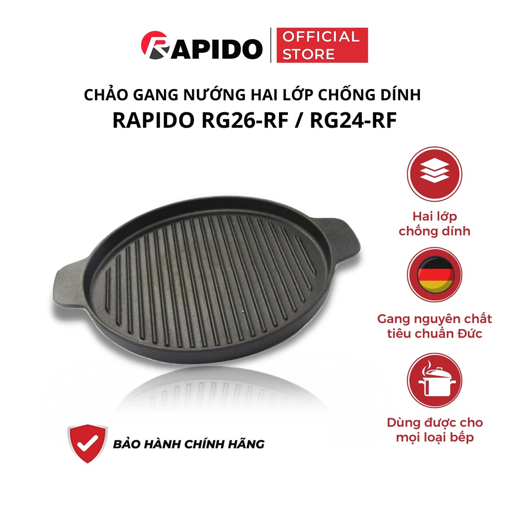 Chảo gang nướng chống dính Rapido size 24, 26 dùng bếp từ và mọi loại bếp