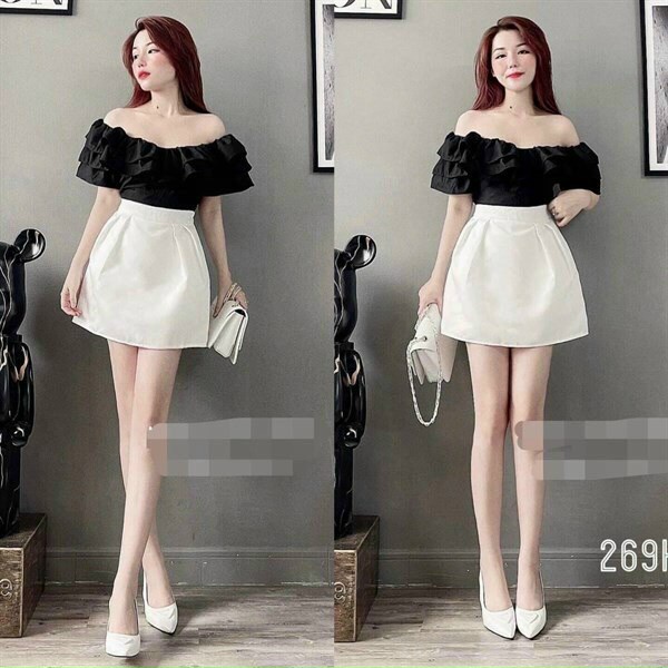 Sét áo bèo trễ vai phối chân váy mini trẻ trung sành điệu