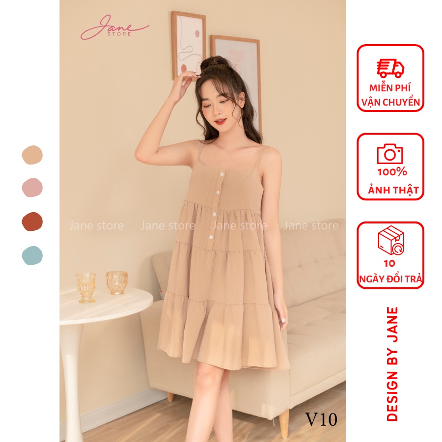 Đầm babydoll 2 dây xòe tầng V10 kiểu dáng hàn quốc tiểu thư bánh bèo dễ thương ,váy 2 dây chất đũi xước Jane mã V1