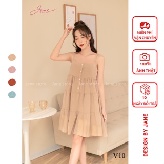 Đầm babydoll 2 dây xòe tầng V10 kiểu dáng hàn quốc tiểu thư bánh bèo dễ thương ,váy 2 dây chất đũi xước Jane mã V1