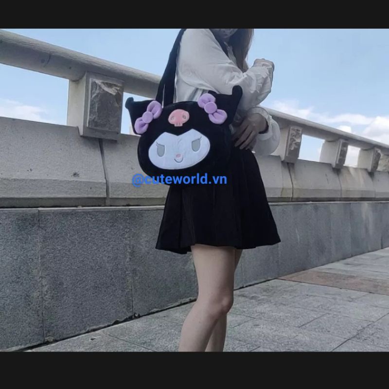 Túi xách Mèo Kuromi Nơ Tím Phối Lông