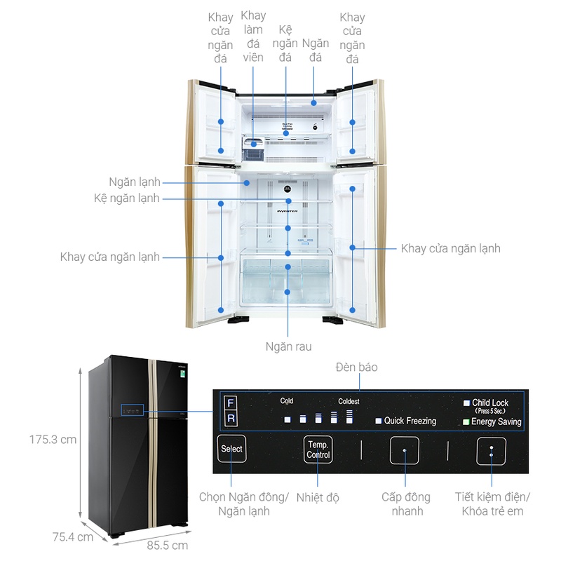Tủ lạnh Hitachi Inverter 509 lít R-FW650PGV8 GBK chính hãng