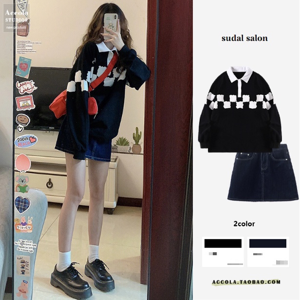 (ORDER) Set áo len MORAN cổ bẻ POLO màu đen họa tiết ô vuông trắng + Chân váy Jeans ngắn A-line