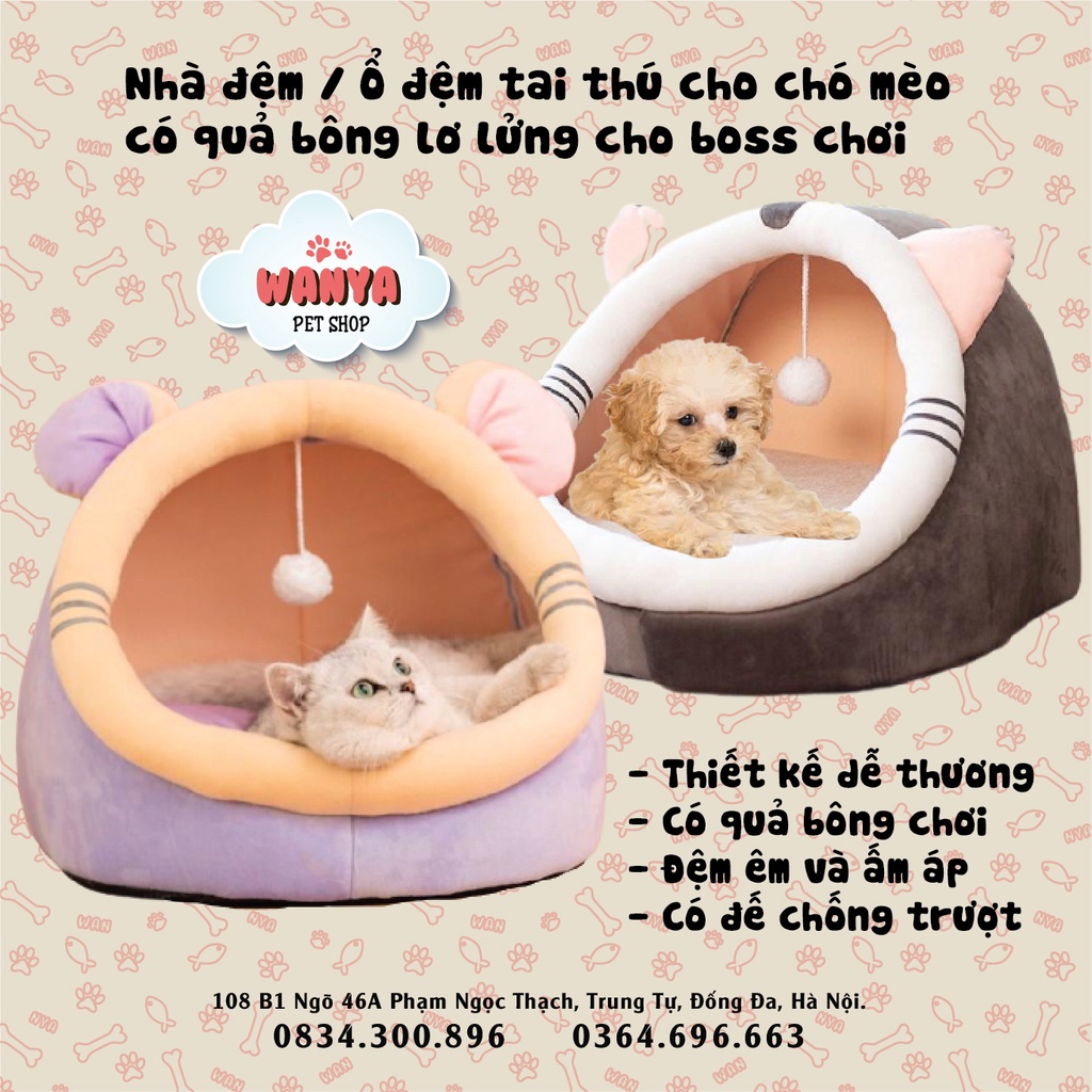 Nhà đệm ổ đệm tai thú cho chó mèo có quả bông chơi màu dễ thương | Wanya Pet Shop