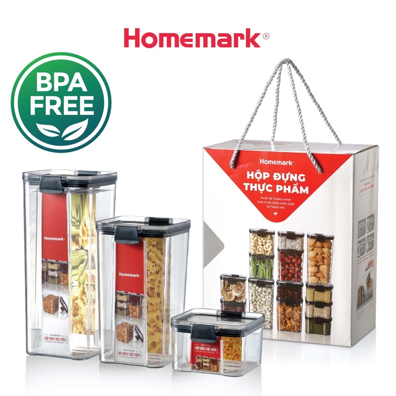 Bộ 3 hộp đựng ngũ cốc đồ khô cao cấp HOMEMARK nắp kín chống ẩm, nhựa trong suốt nguyên sinh có giấy kiểm định an toàn