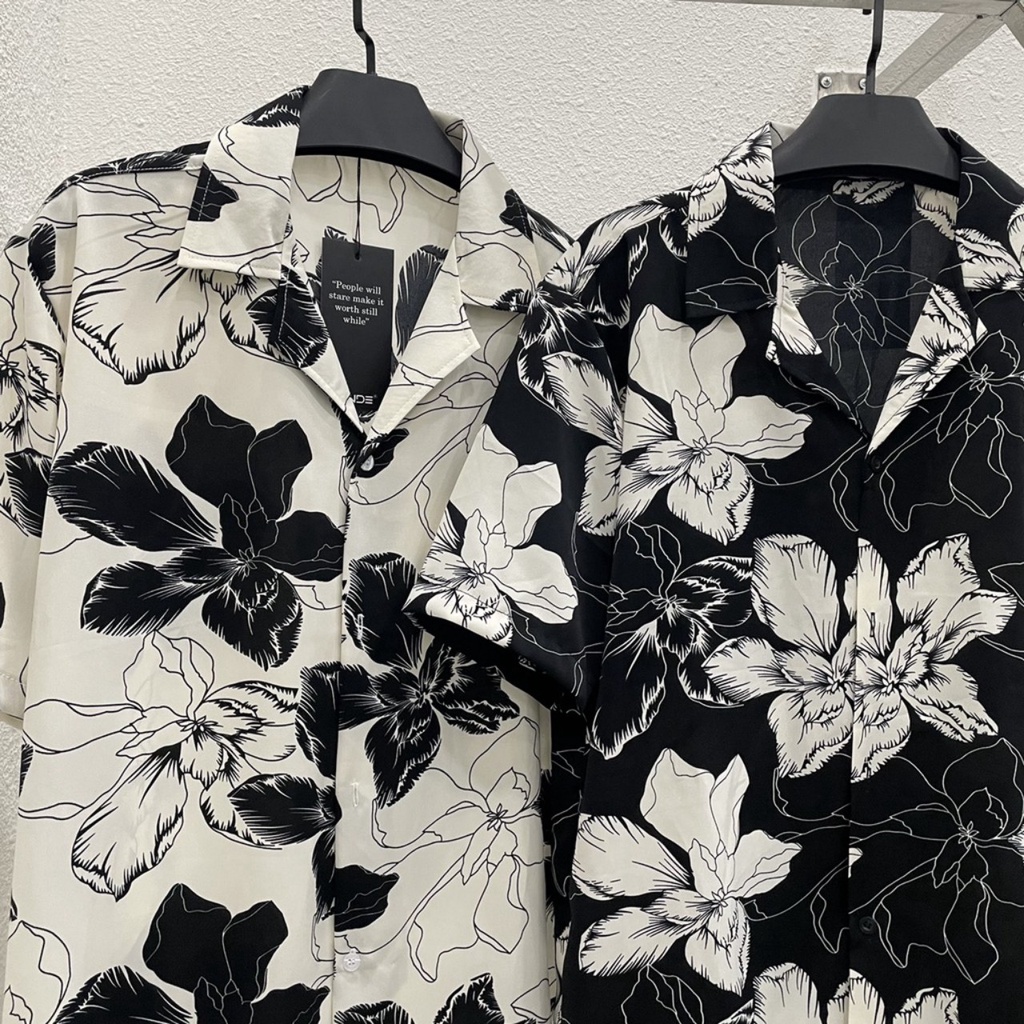 Áo sơ mi tay ngắn hoạ tiết hoa lan bụt vải lụa mango áo cuban shirt ngắn tay cổ vest mùa hè