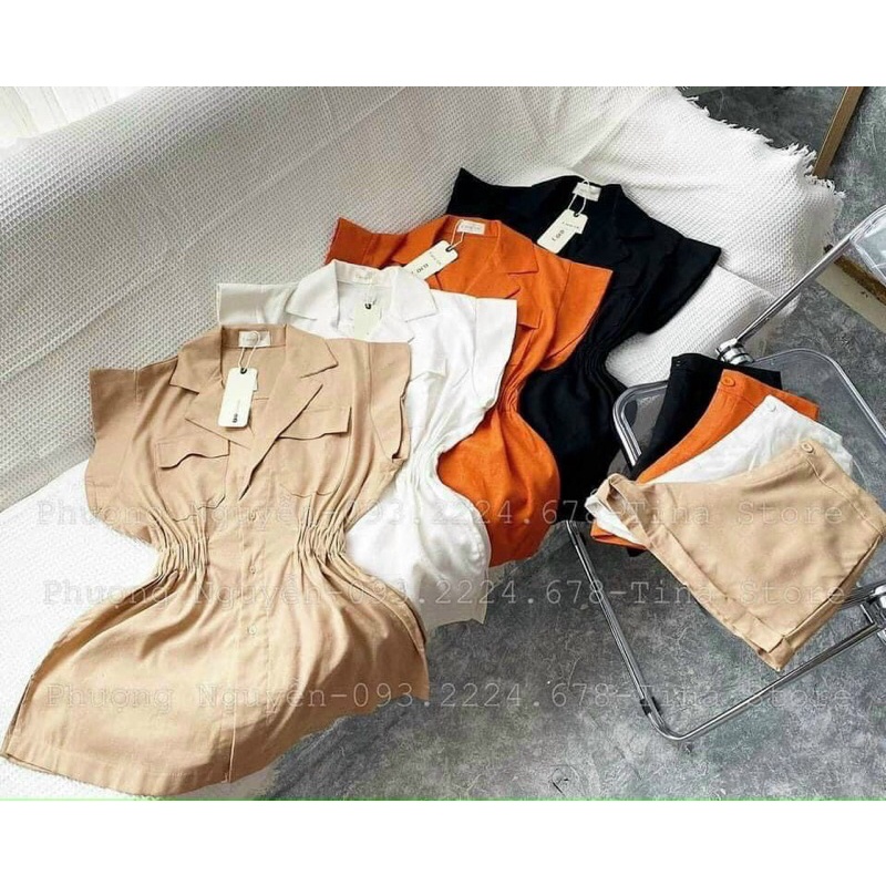 Set áo somi nhún eo - quần đùi chất cotton lạnh