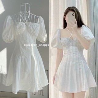 Đầm váy trắng ngắn xếp li eo cổ vuông tay phồng thắt ngực 2 lớp mặc đi chơi, du lịch, cưới D076 (Ảnh thật)