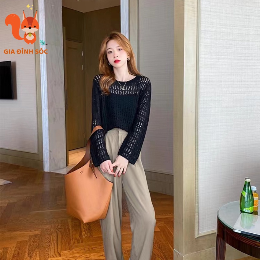 Áo Sweater dệt kim mỏng tay dài, dáng rộng phong cách Hàn Quốc