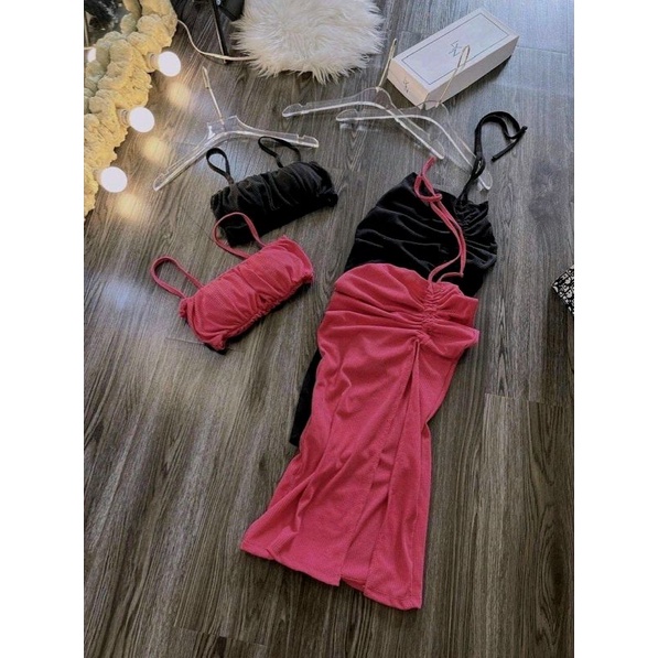 Bikini 3 mảnh, đồ bơi đi biển kèm chân váy áo nhún ngực 2 dây 3 màu cam, hồng, đen Vivi Shop