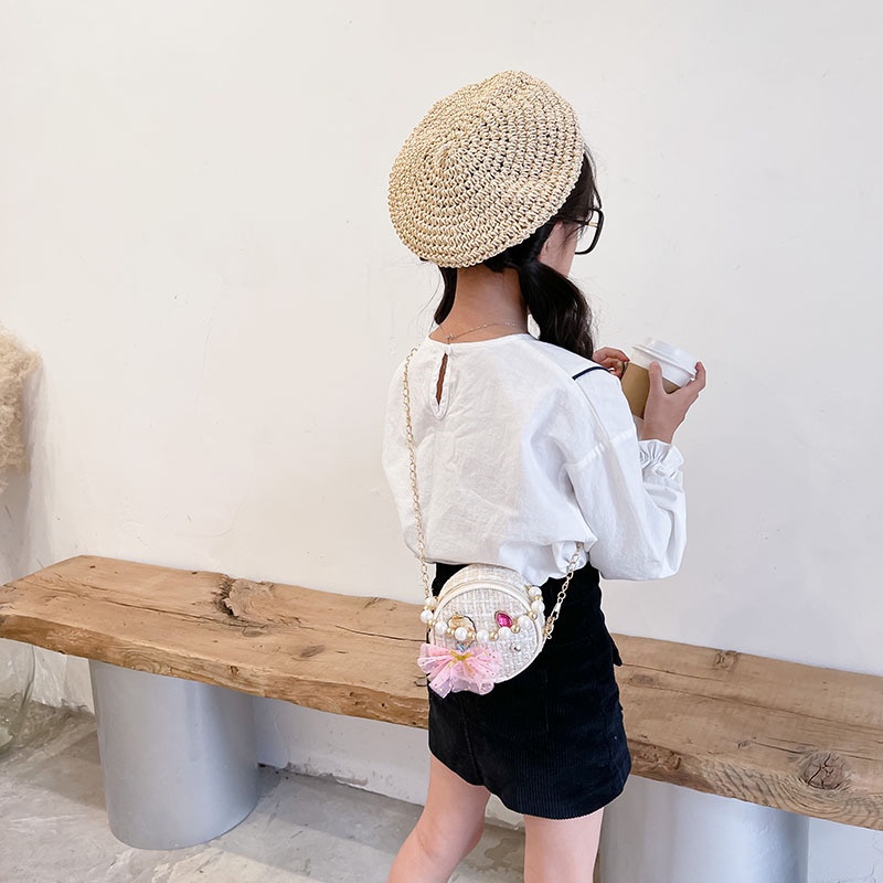 Bololo Túi Đeo Chéo Hình Tròn Nhỏ Đính Ngọc Trai Dễ Thương Phong Cách Hàn Quốc Cho Bé Gái