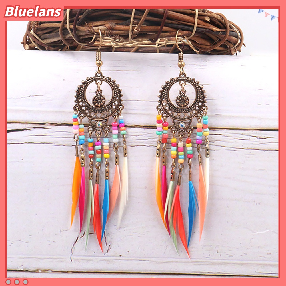 Bông Tai Dạng Móc Hình Tròn Khắc Họa Tiết Lông Vũ Tua Rua Phong Cách Boho Cho Nữ 48h