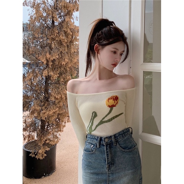 ÁO LEN THÊU HOA TRỄ VAI NỮ DÀI TAY ULZZANG