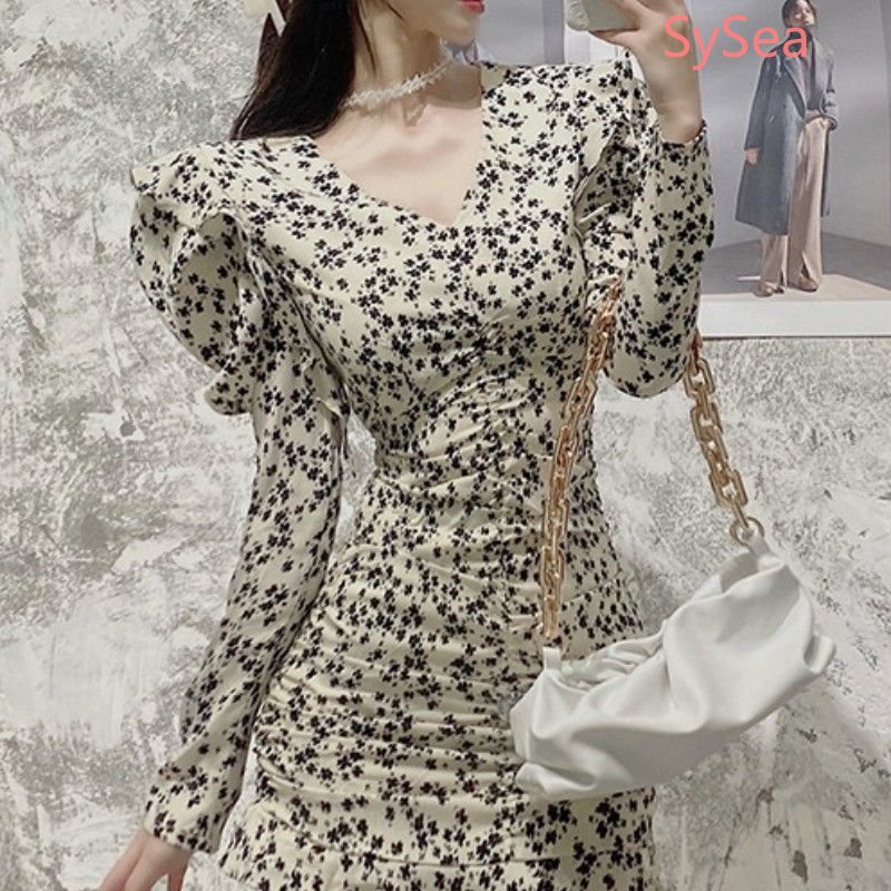 Đầm Hoa Cổ Chữ V Ôm Dáng Thời Trang Mùa Thu Dành Cho Nữ