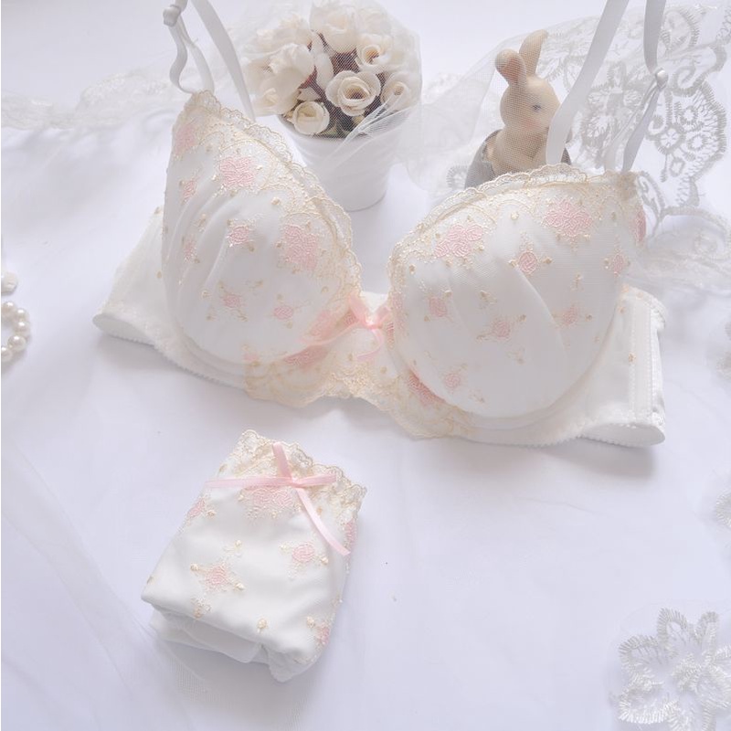 Mới Set Áo Lót Nâng Ngực & Quần Lót Nữ Thêu Hoa Phong Cách Nhật Bản