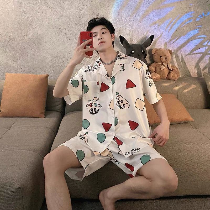 Bộ Đồ Ngủ Vải Lụa Lạnh Mỏng Tay Ngắn Phong Cách Hoạt Hình Dành Cho Nam Thanh Thiếu Niên