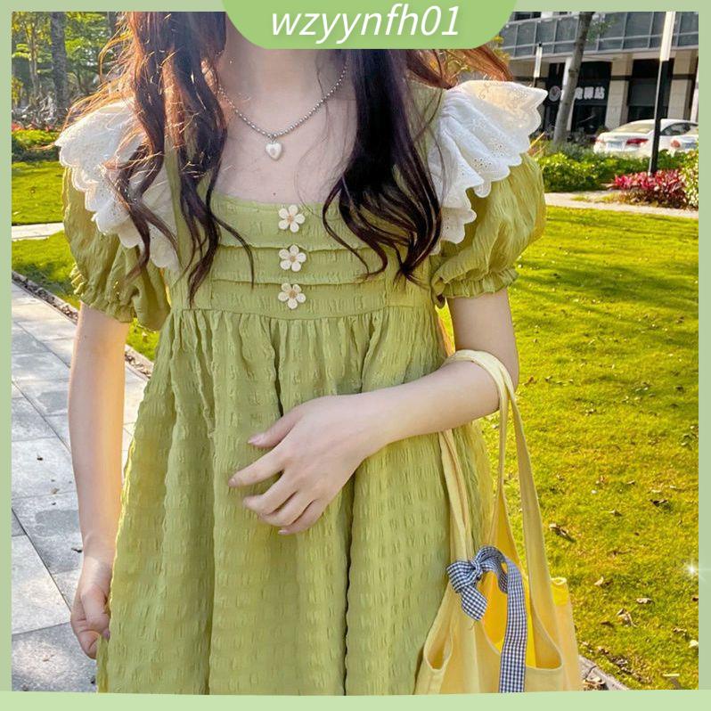 Đầm babydoll Đầm Dáng Chữ a Tay Bay Phối Ren Họa Tiết Hoa Cúc Màu Xanh Lá Ngọt Ngào Thời Trang Mùa Hè Cho Nữ