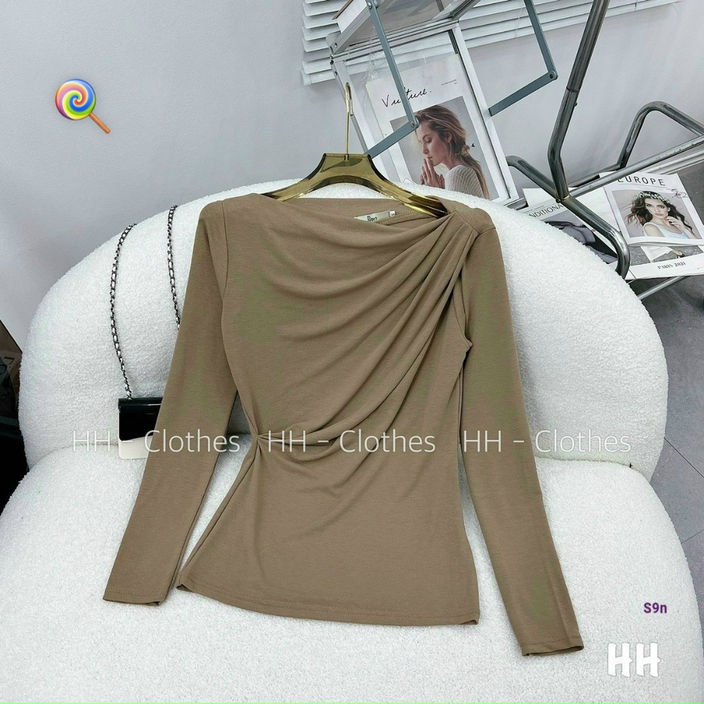 Áo thun kiểu nữ sang trọng cổ thuyền nhúm trước chất thun dẻo sang chảnh