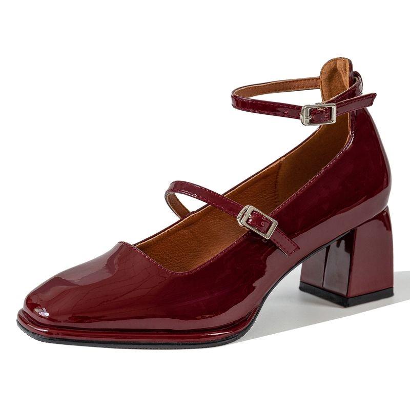 Giày Cao Gót Mũi Vuông Gót Dày Màu Đỏ Rượu Phong Cách retro Pháp Mới Cho Nữ