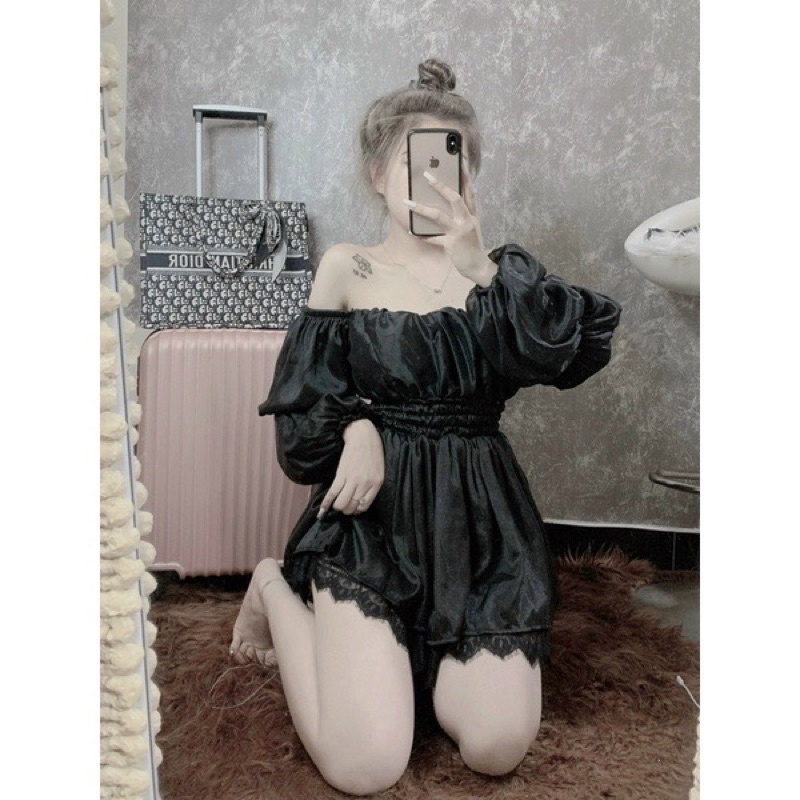 Áo trễ vai tay phồng phối ren chất gân tơ óng ánh sanh chảnh