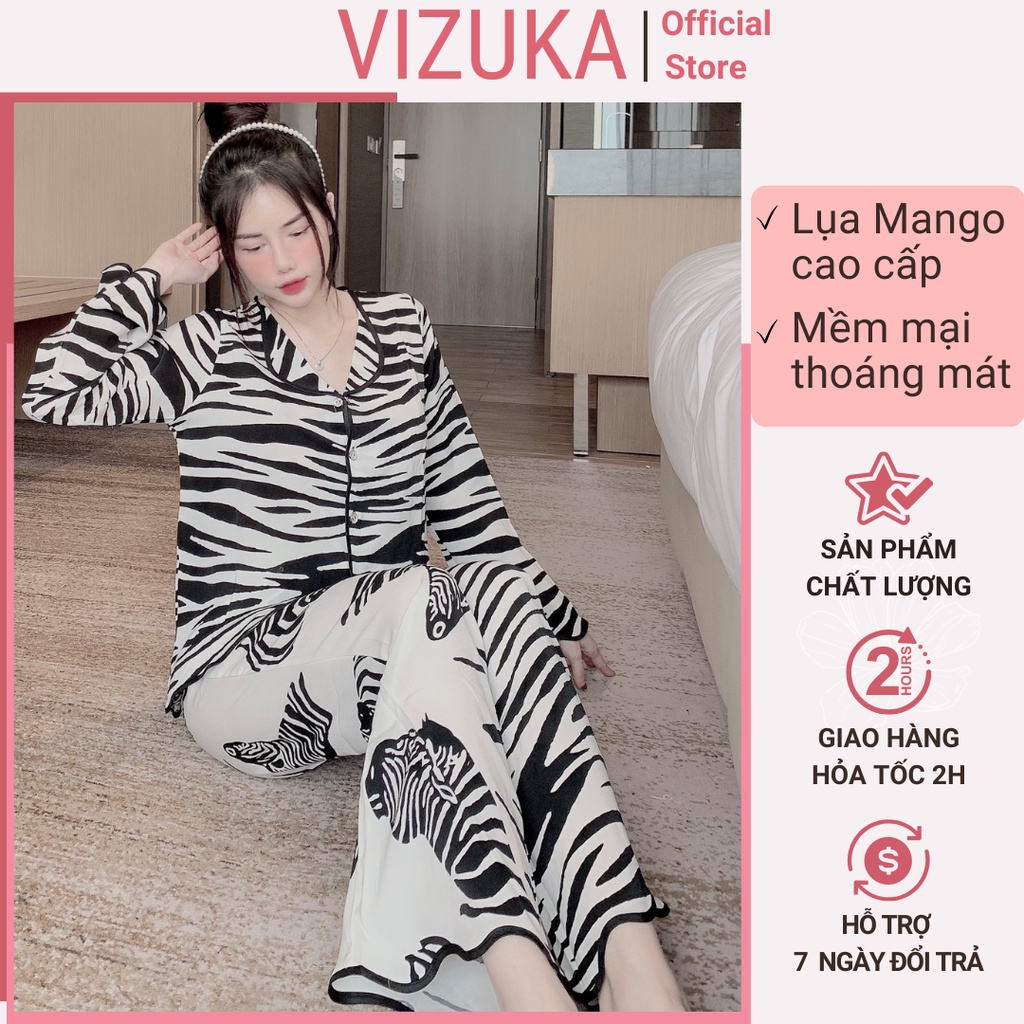 Đồ bộ pijama lụa tay dài nữ mặc nhà mango VIZUKA