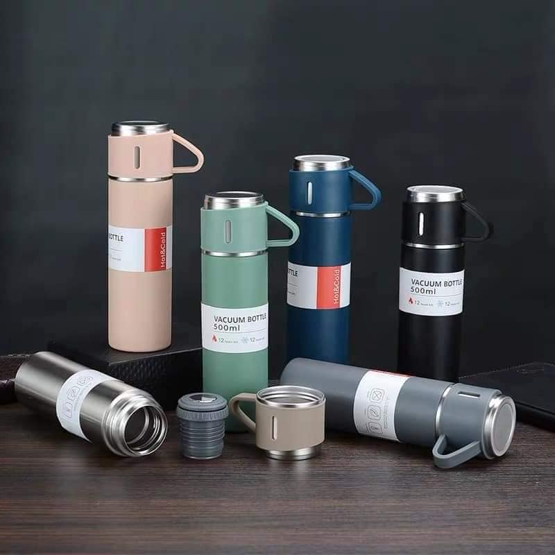 Bộ bình giữ nhiệt Vacuum 500ml tặng kèm 2 cốc uống nước INOX CAO CẤP màu ngẫu nhiên