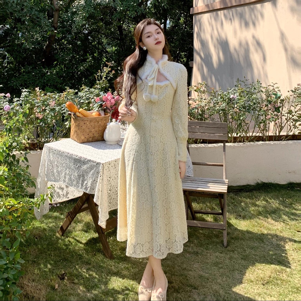 Đầm Ren Dáng Dài Chiết Eo Phong Cách Retro Cao Cấp