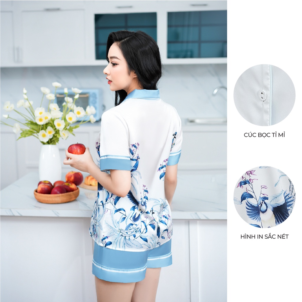 Bộ ngủ satin ZAM Luxury - CDA75 - áo ngắn tay quần đùi hoạ tiết