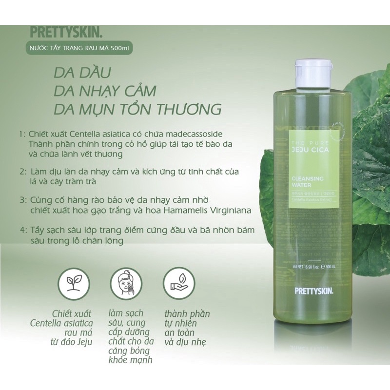 Tẩy trang Rau Má Pretty Skin The Pure Jeju Cica Cleansing Water 500ml