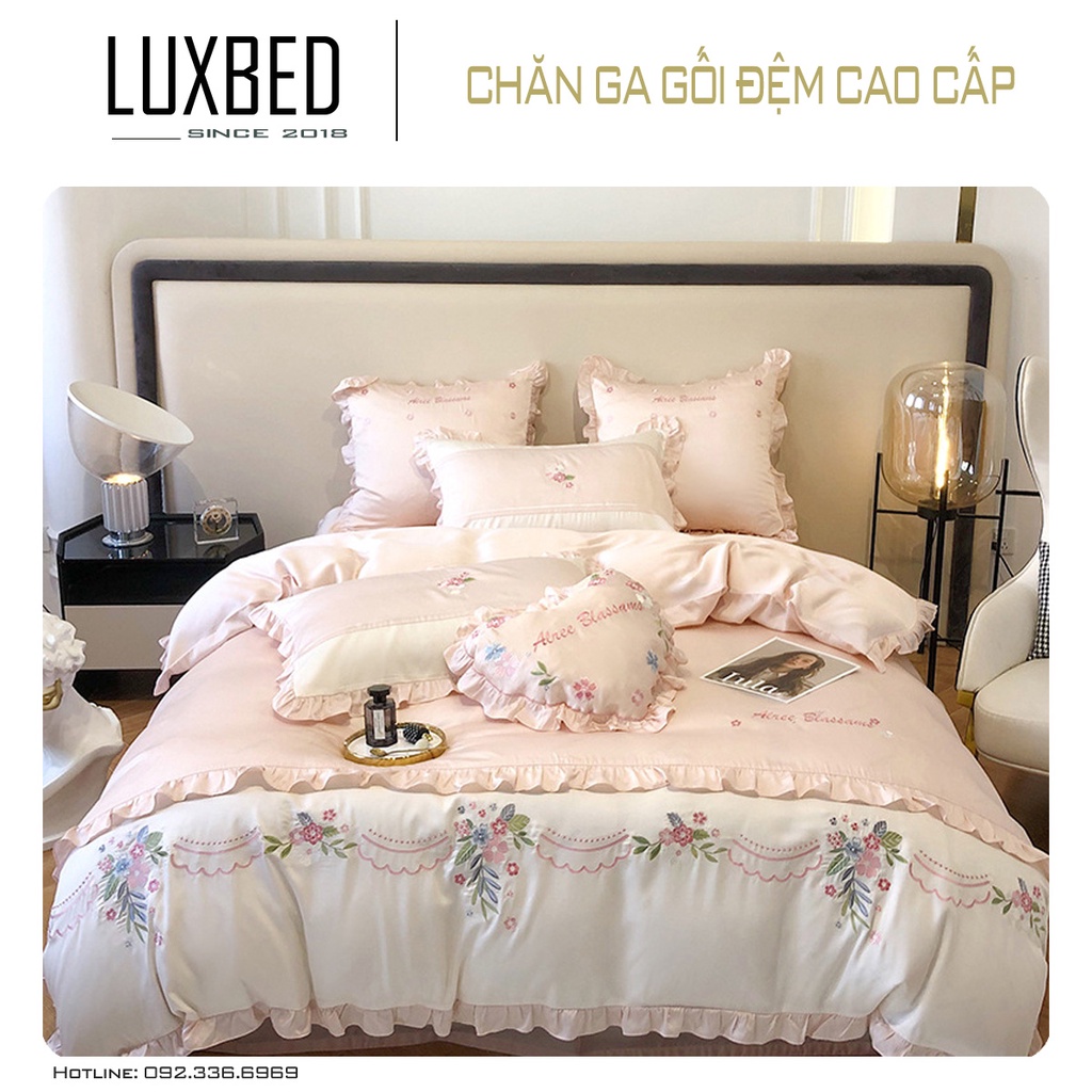 Bộ Chăn Ga Gối Lụa Tencel thêu hoa cỏ Mùa Xuân phối bèo cao cấp - Luxbed