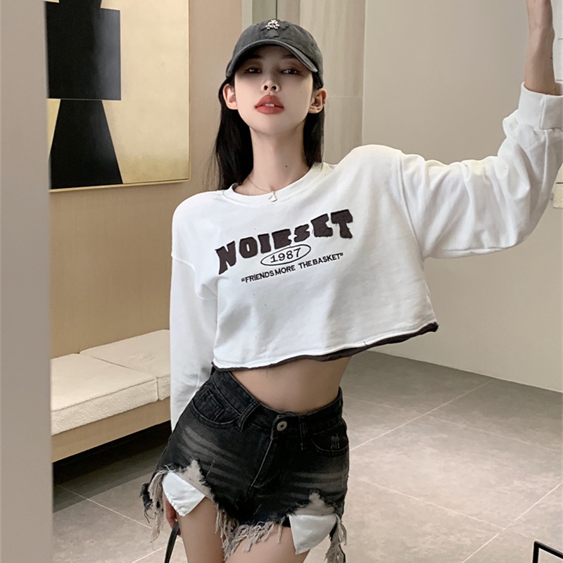 Áo Croptop Tay Dài Cổ Tròn Dáng Rộng Thời Trang Mùa Thu