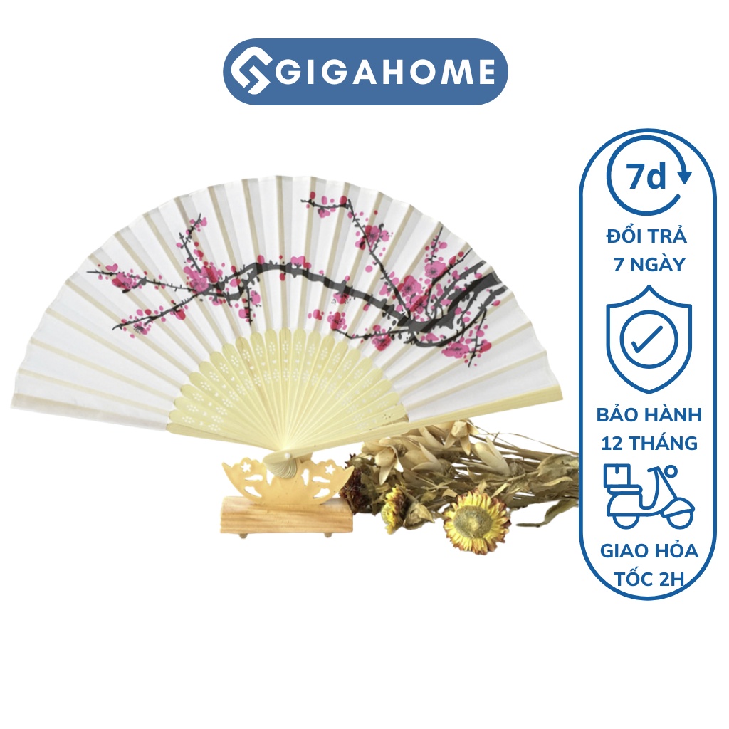 Quạt Vải Xếp Cầm Tay Nan Tre GIGAHOME Họa Tiết Hoa Anh Đào Đẹp 5995