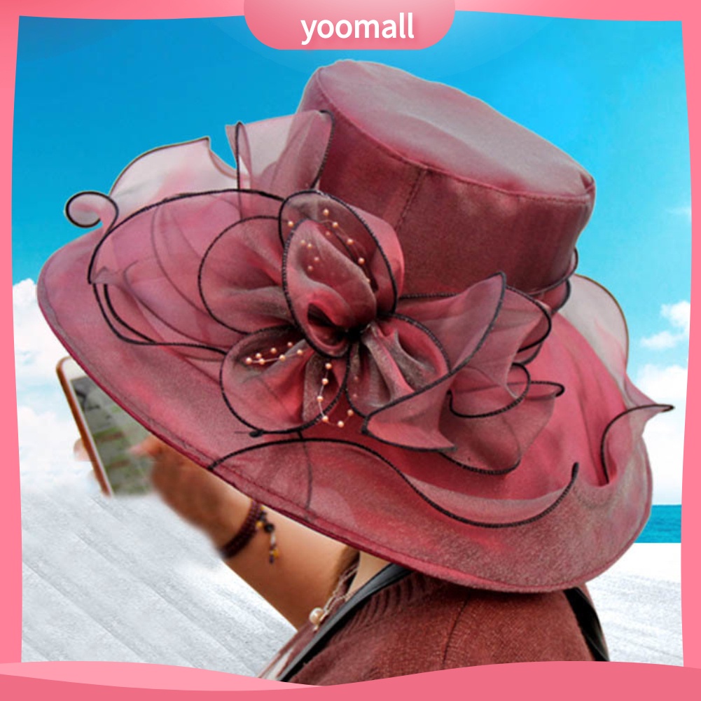 Mũ Chống Nắng Vải Organza Vành Rộng In Hoa Xinh Xắn Cho Nữ