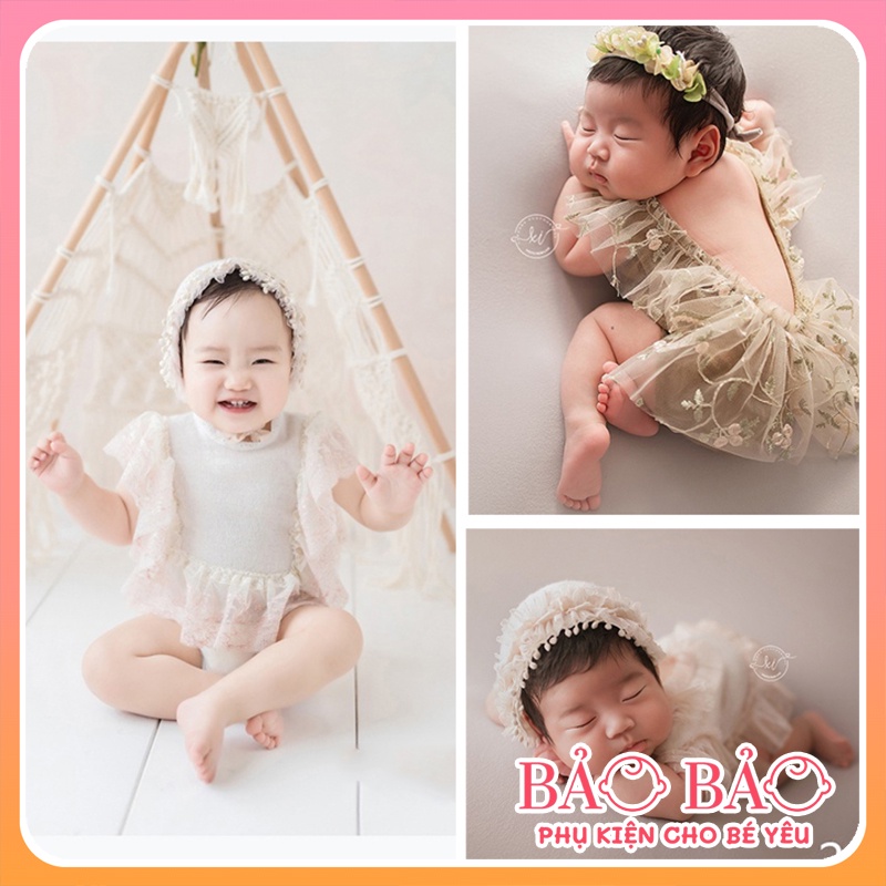 Váy lưới ren kèm băng đô chụp ảnh cho bé gái sơ sinh phụ kiện chụp ảnh cho bé 0-3 tháng