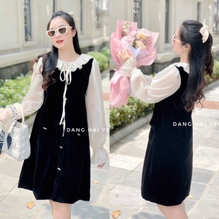 Váy thiết kế Kane nhung cổ xếp ly tay bèo đính cúc nơ tiểu thư