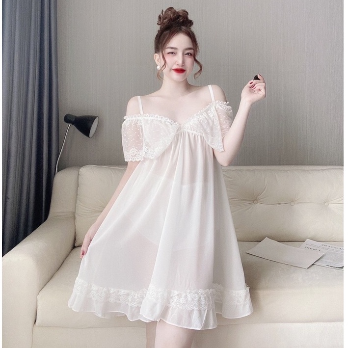 Váy Ngủ Nữ SOJUN Vải Chiffon Bẹt Vai Kèm Quần Dưới 70Kg