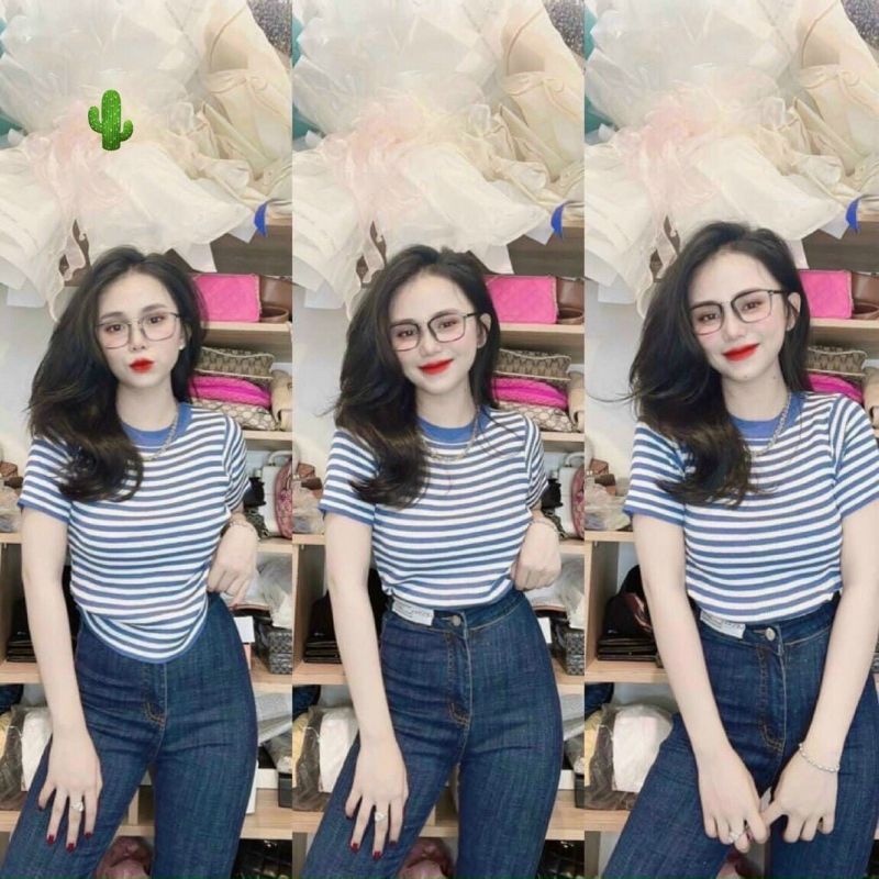 Áo kiểu croptop cổ bẻ sọc ngang cực hot , chất thun coton mềm mịn