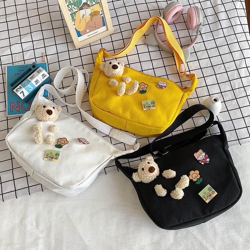 Túi Xách Đeo Vai Vải Bạt Cỡ Lớn Hình Gấu Thời Trang Hàn Quốc 2022 Cho Nữ