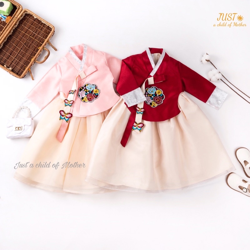 Váy Hanbok bé gái Kkoch Jasu, Hàn phục thêu hoa,Vải Tafta lụa phủ voan, dáng dài Size 1-10 tuổi