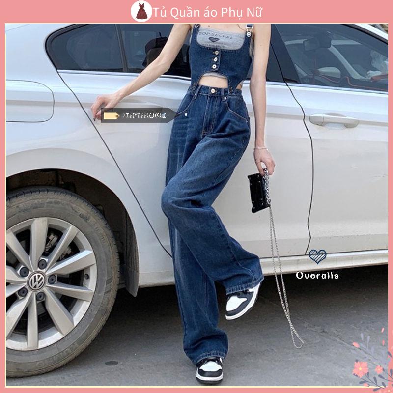 O Li n Qu n Quần Yếm Jean Dài Dáng Rộng Lưng Cao Ống Đứng Đục Lỗ Mùa Hè Thiết Kế Cổ Điển Cho Nữ