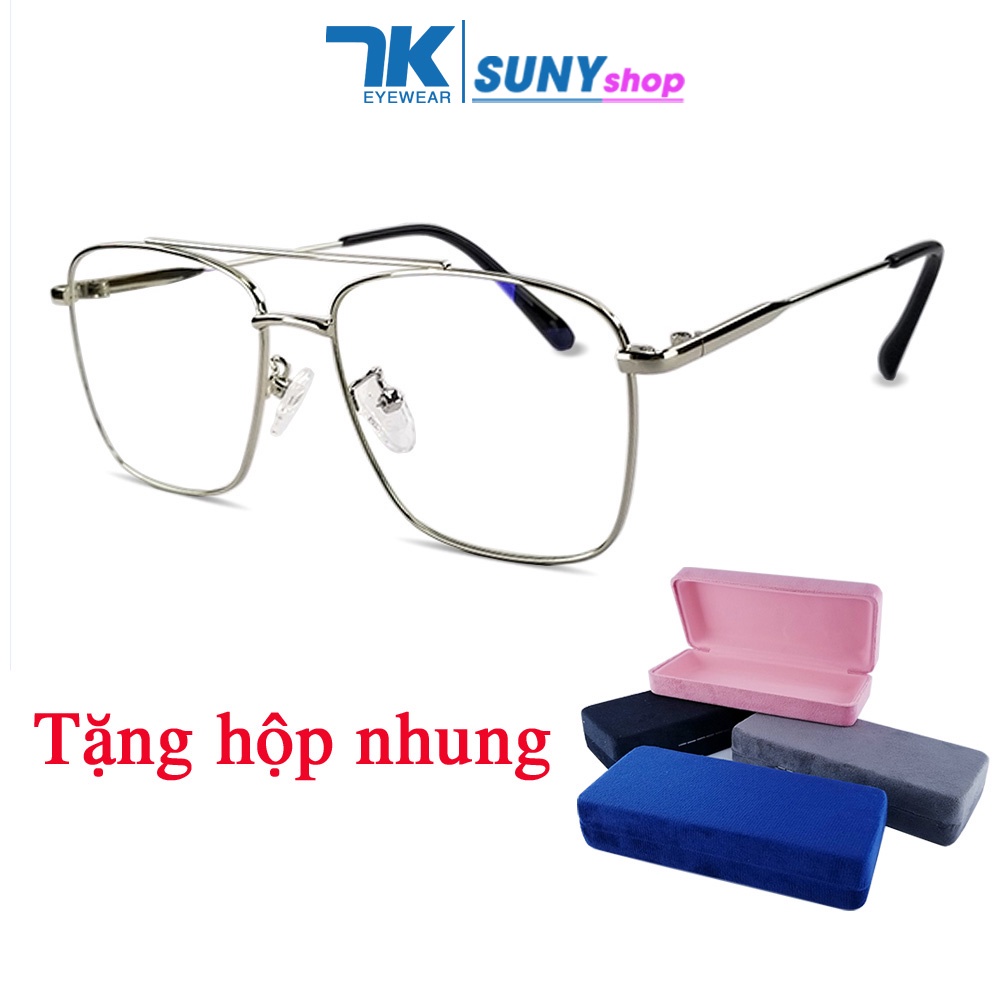 Gọng kính cận nam nữ mắt chữ nhật kim loại cao cấp màu bạc, đen bạc 7K3076. Tròng giả cận 0 độ chống ánh sáng xanh