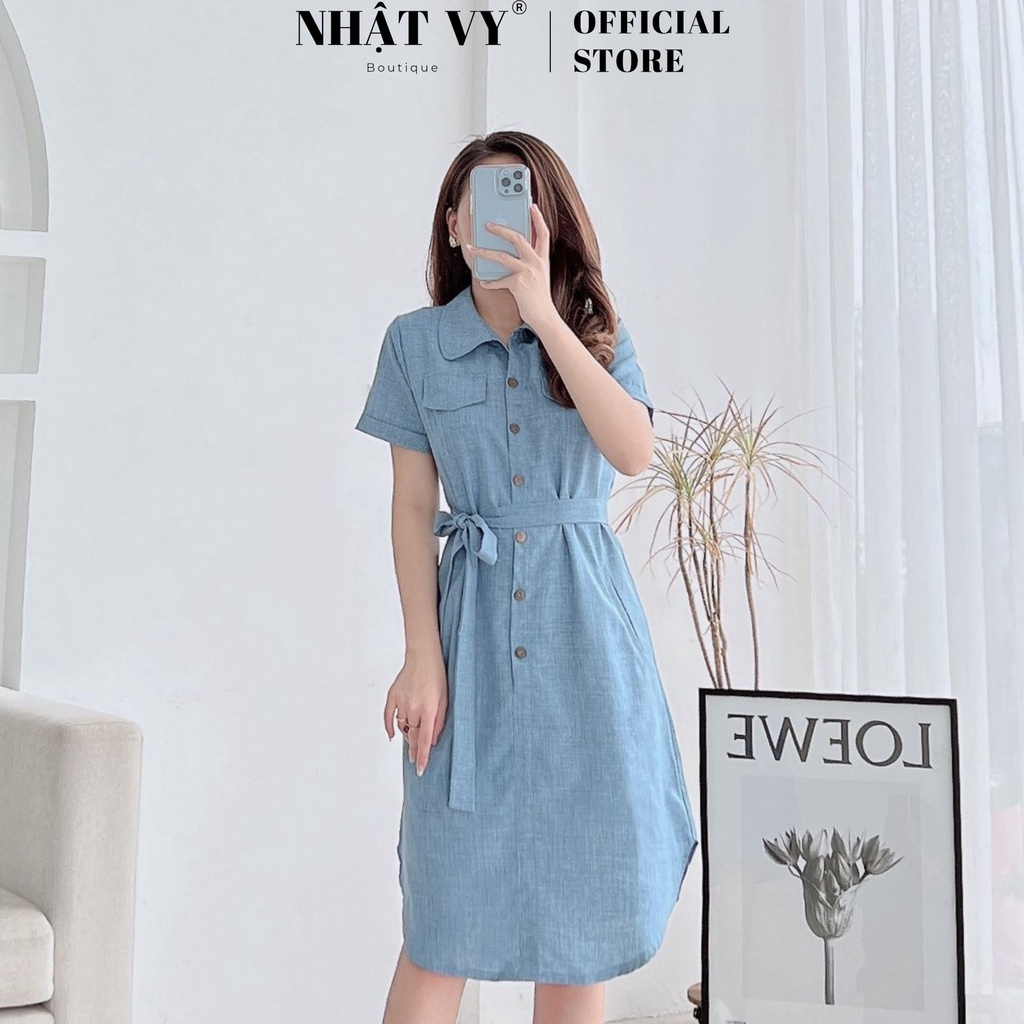 Đầm sơ mi công sở Nhật Vy phối cúc có dây thắt eo chất linen phù hợp đi chơi dạo phố cafe sang chảnh - D2344