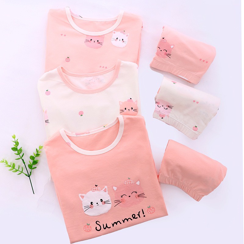 12-52kg Bộ đồ ngủ Cotton Dài tay mùa Thu Đông Hãng MamDadKids 2023 cho Bé Gái mẫu Mèo Hồng mới